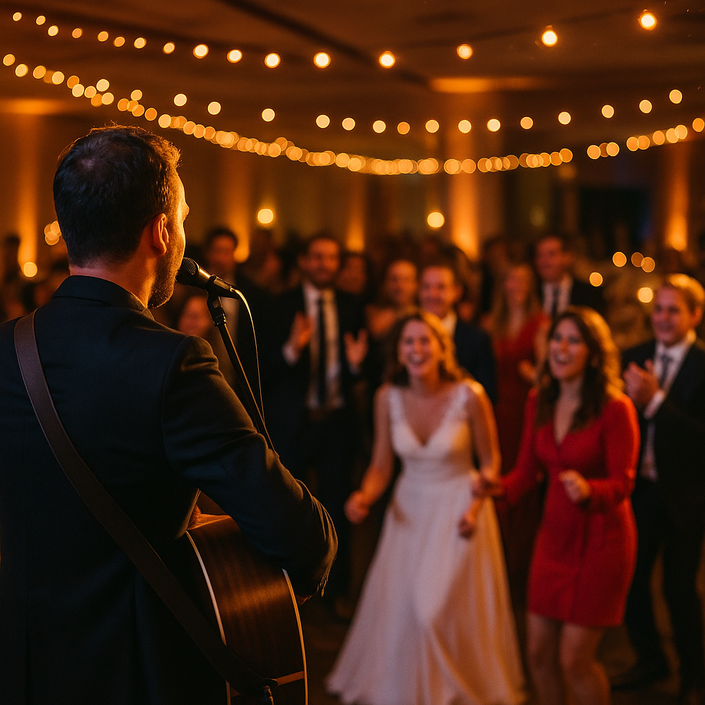 chanteur guitariste en concert acoustique devant la mariée et les invités du mariage