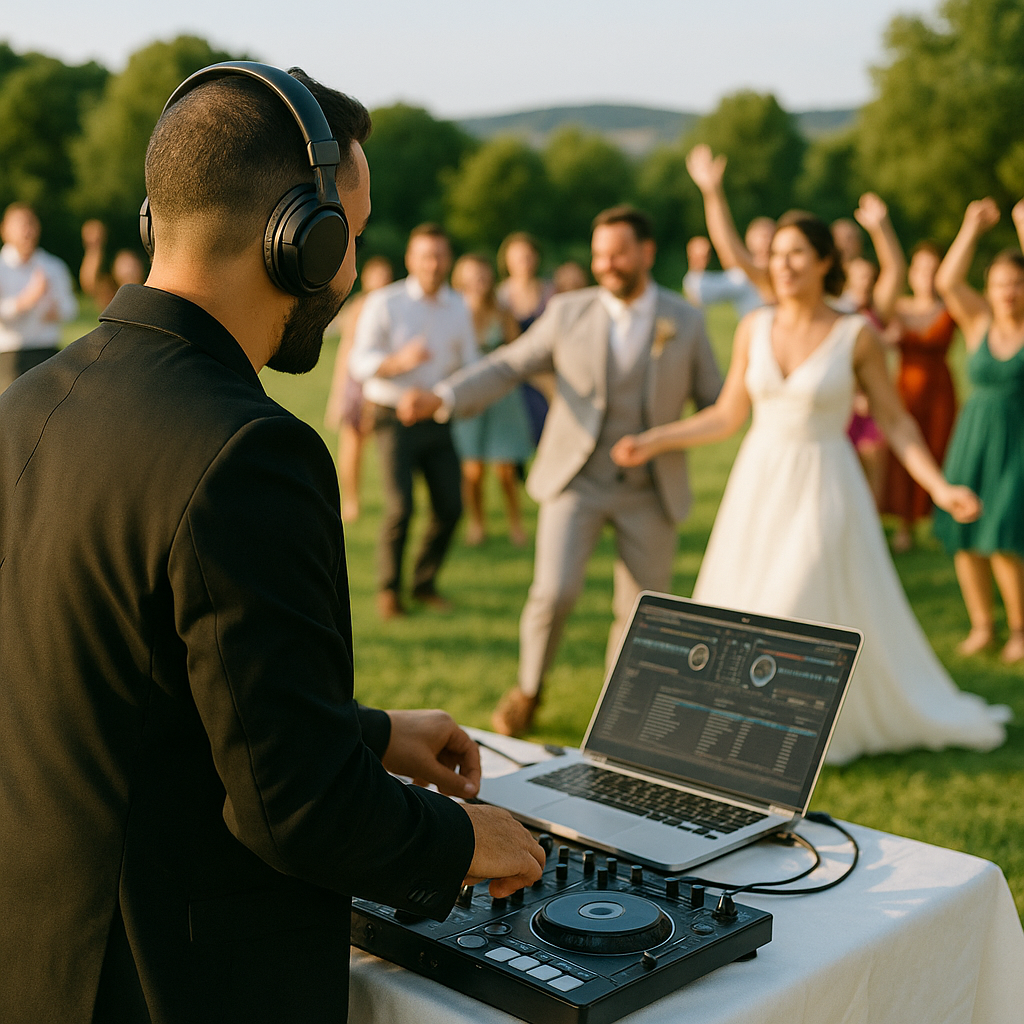 DJ Dadicool casque sur les oreilles anime un mariage en plein air pendant que les mariés dansent