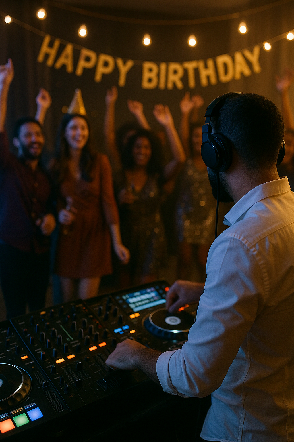 DJ Dadicool de dos aux platines anime une soirée anniversaire sous la guirlande Happy Birthday