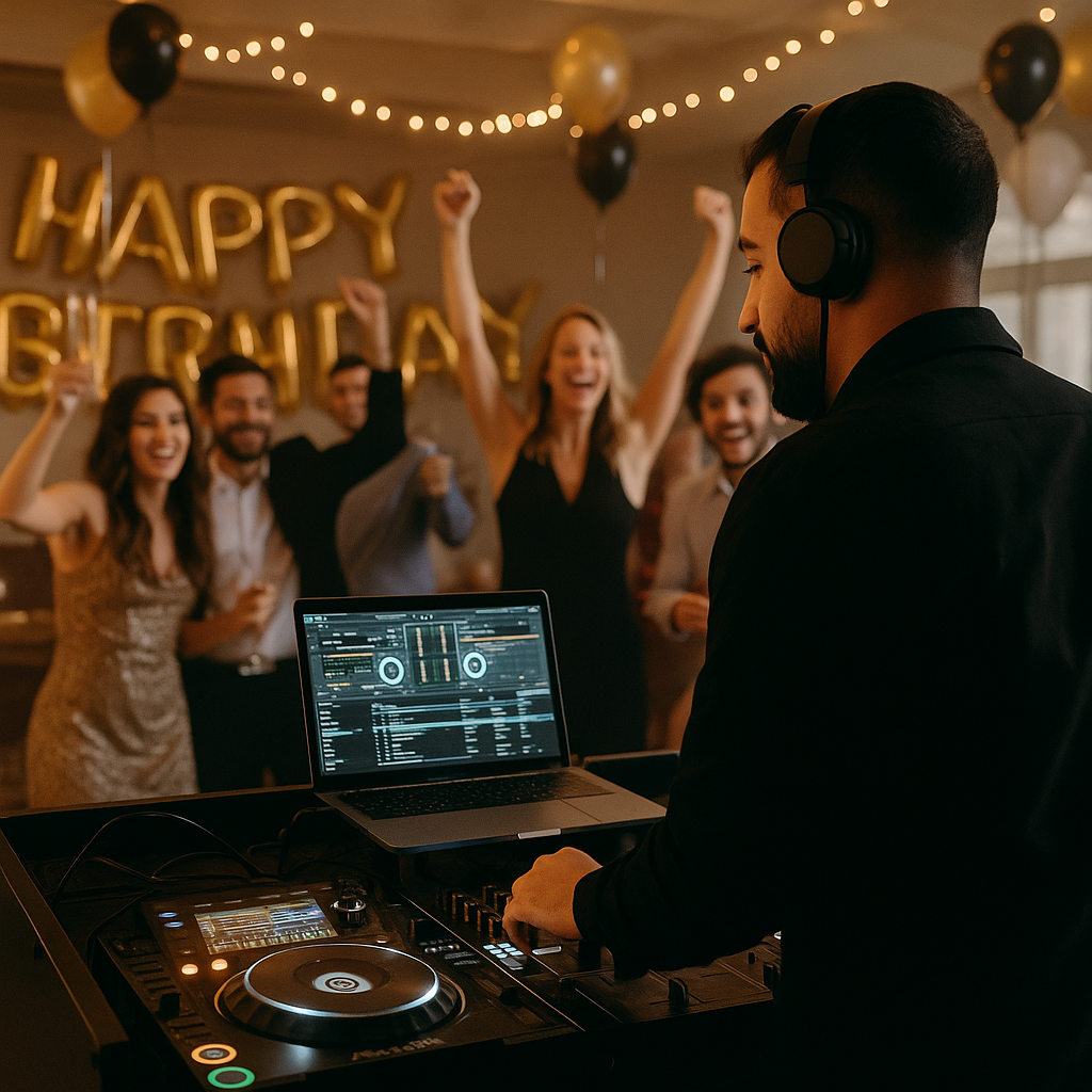 DJ Dadicool fait lever les bras des invités à un anniversaire devant les ballons Happy Birthday