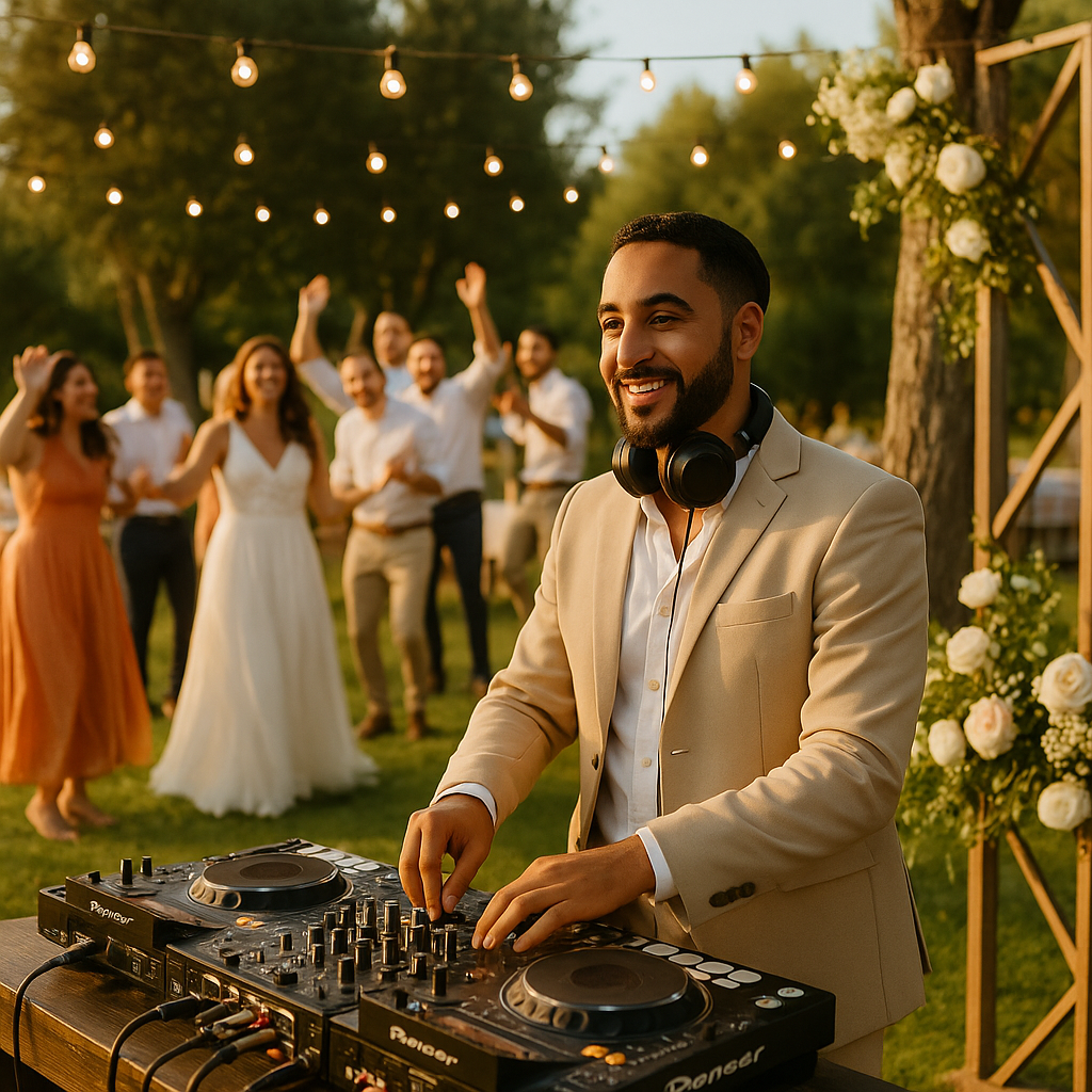 DJ Dadicool sourire aux lèvres mixe au mariage devant l'arche fleurie et les invités qui dansent