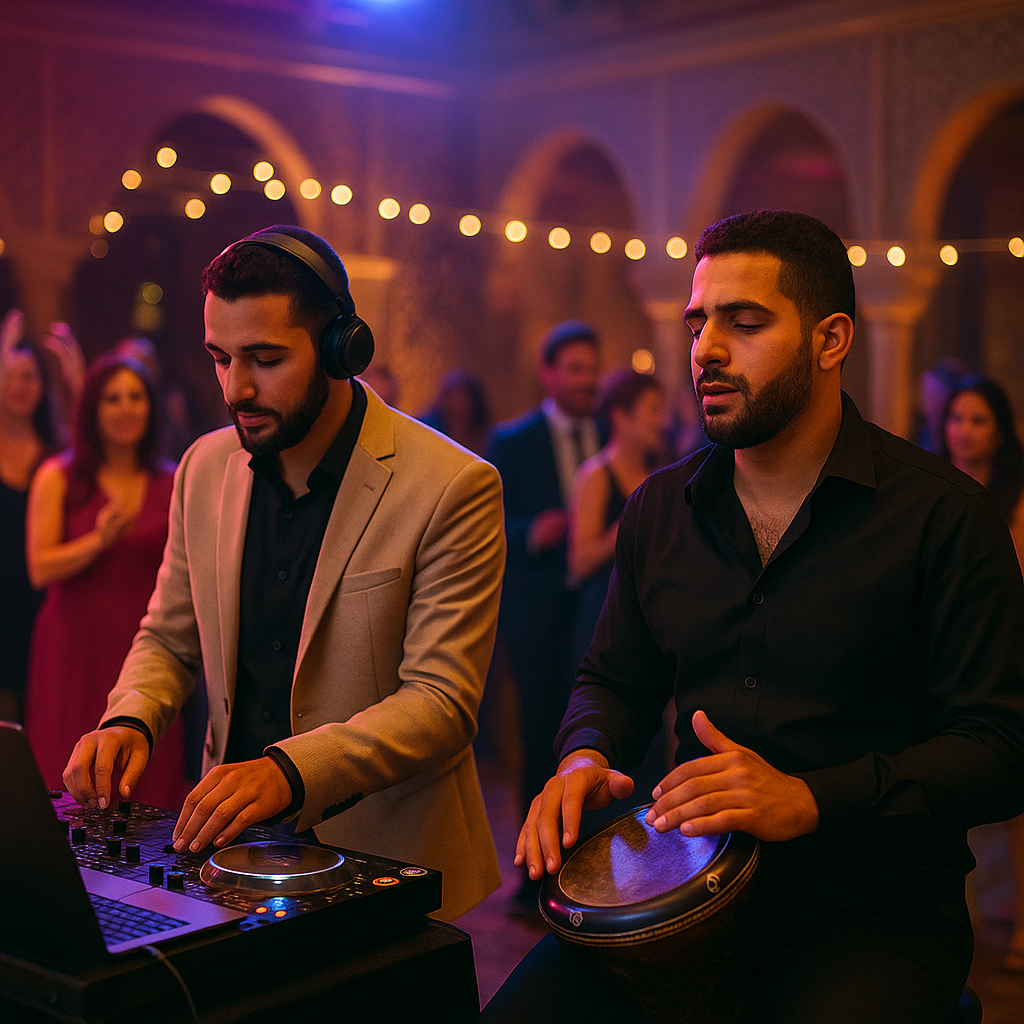 DJ et percussionniste à la derbouka pour une soirée orientale sous arches et guirlandes lumineuses