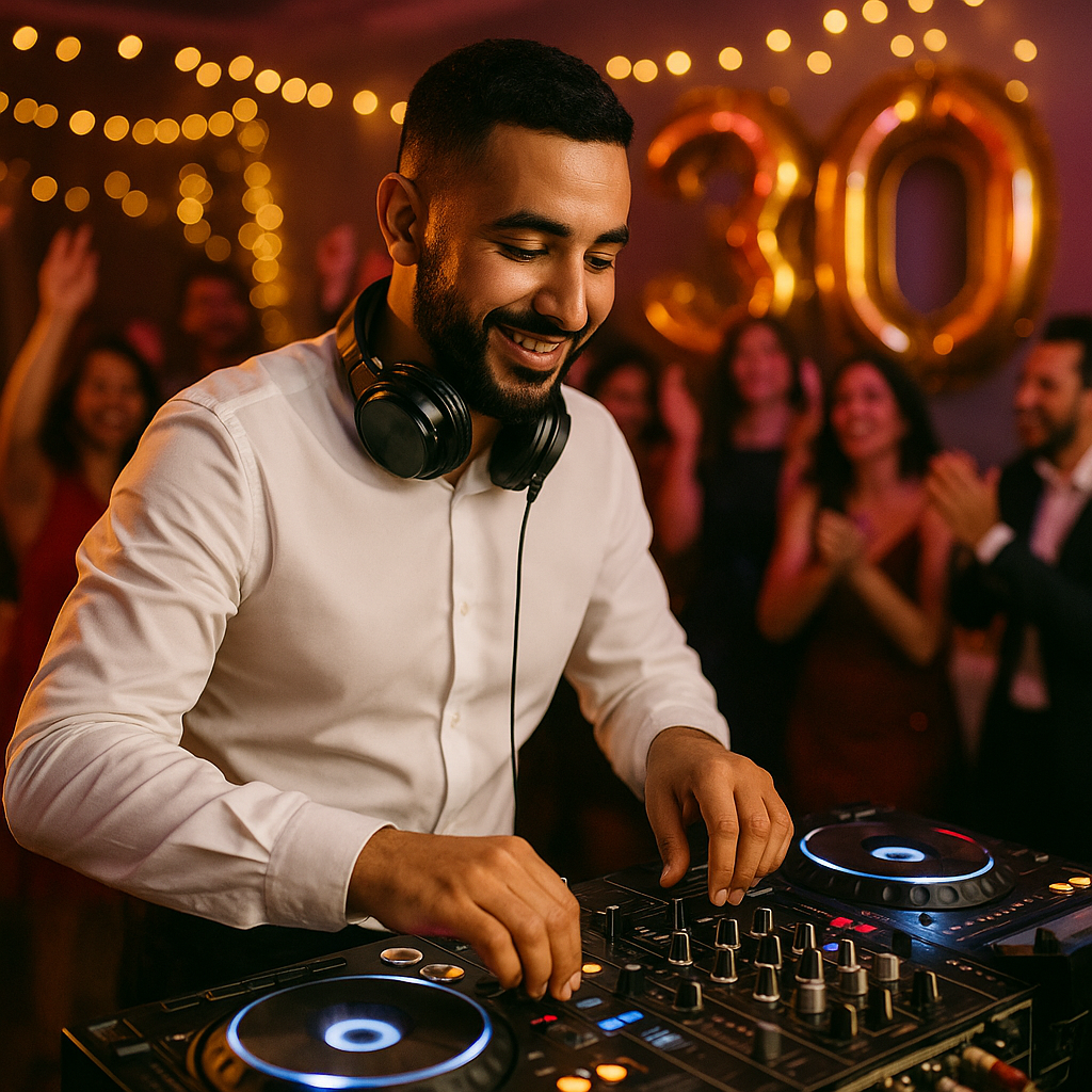 DJ souriant aux platines pendant un anniversaire avec ballons dorés 30 et invités qui dansent