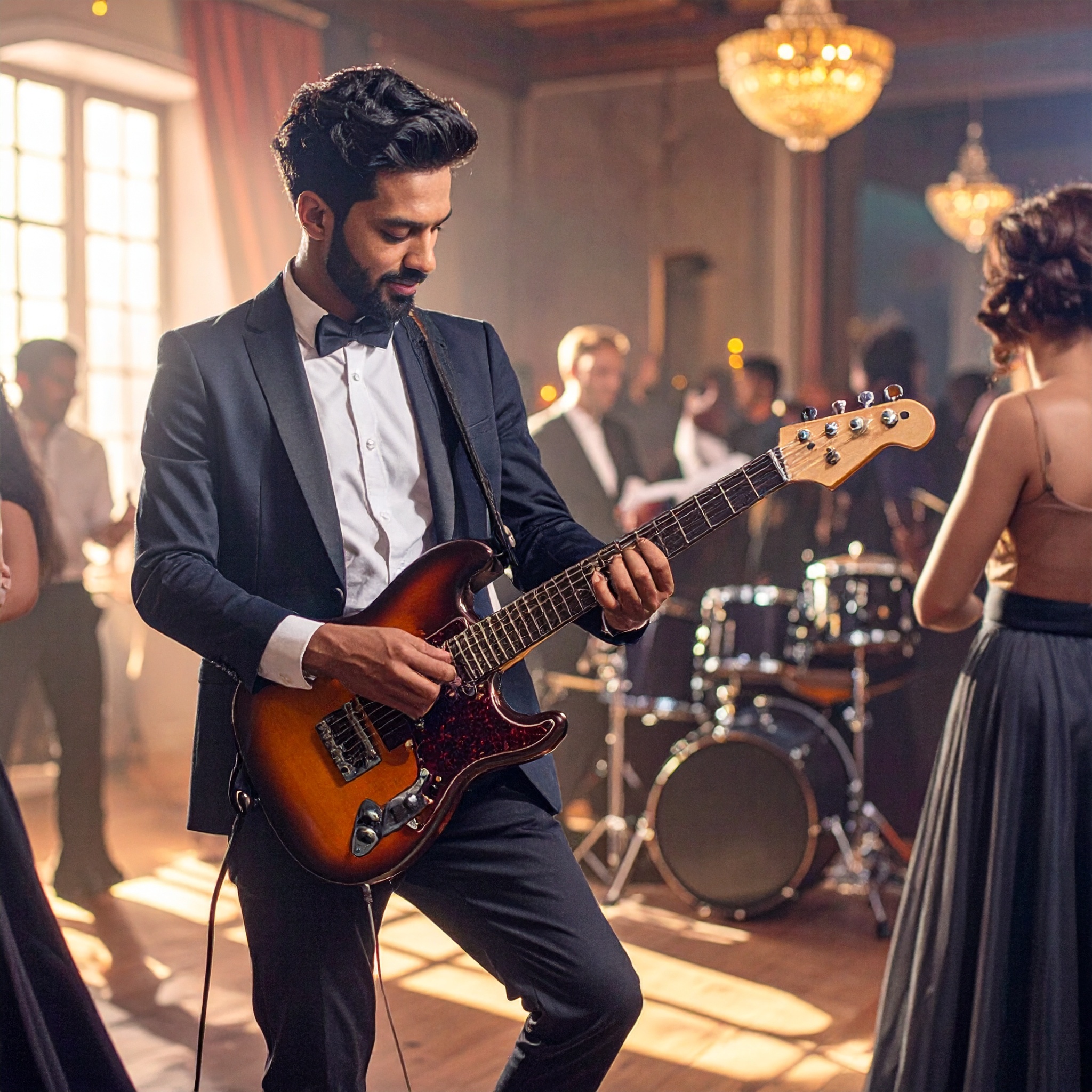 guitariste en costume noeud papillon dancefloor mariage mixte animé par DJ Dadicool