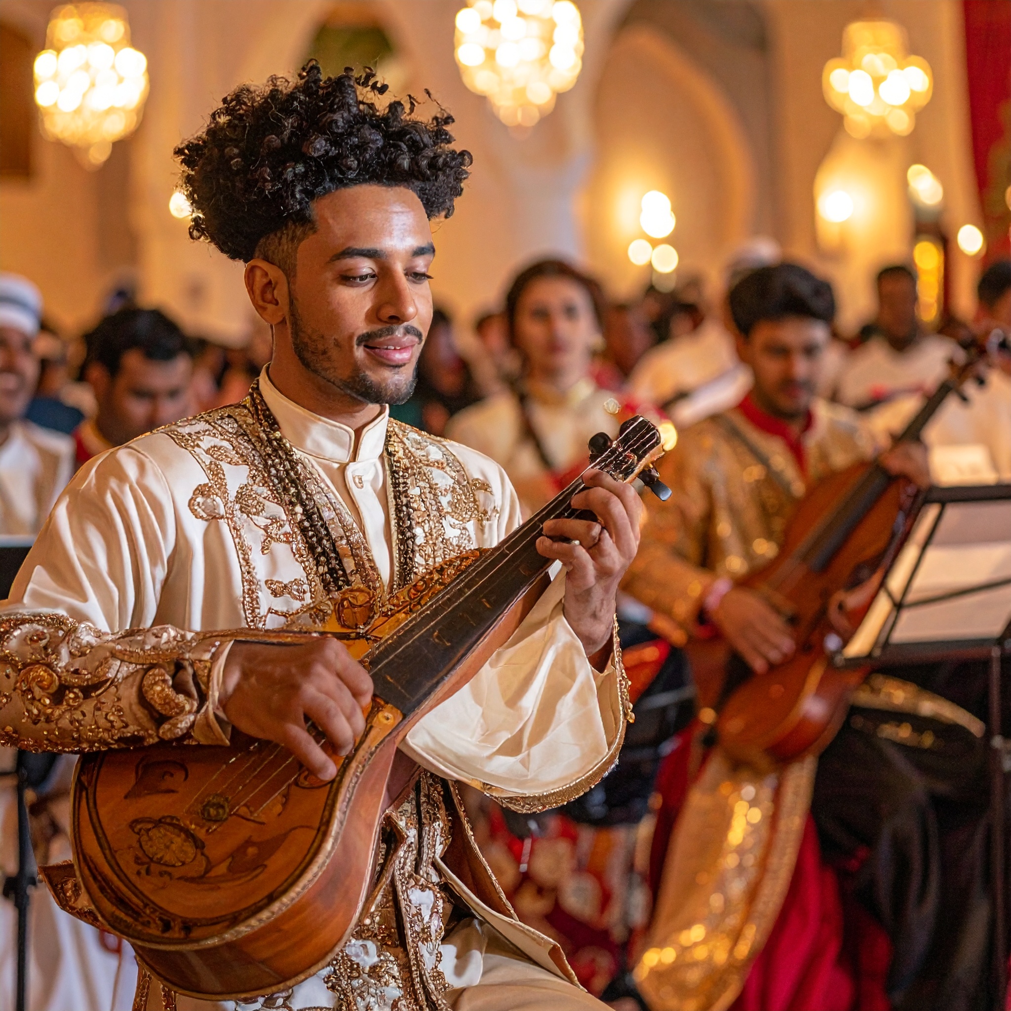 musicien marocain joue du oud en tenue traditionnelle dorée pendant un mariage oriental