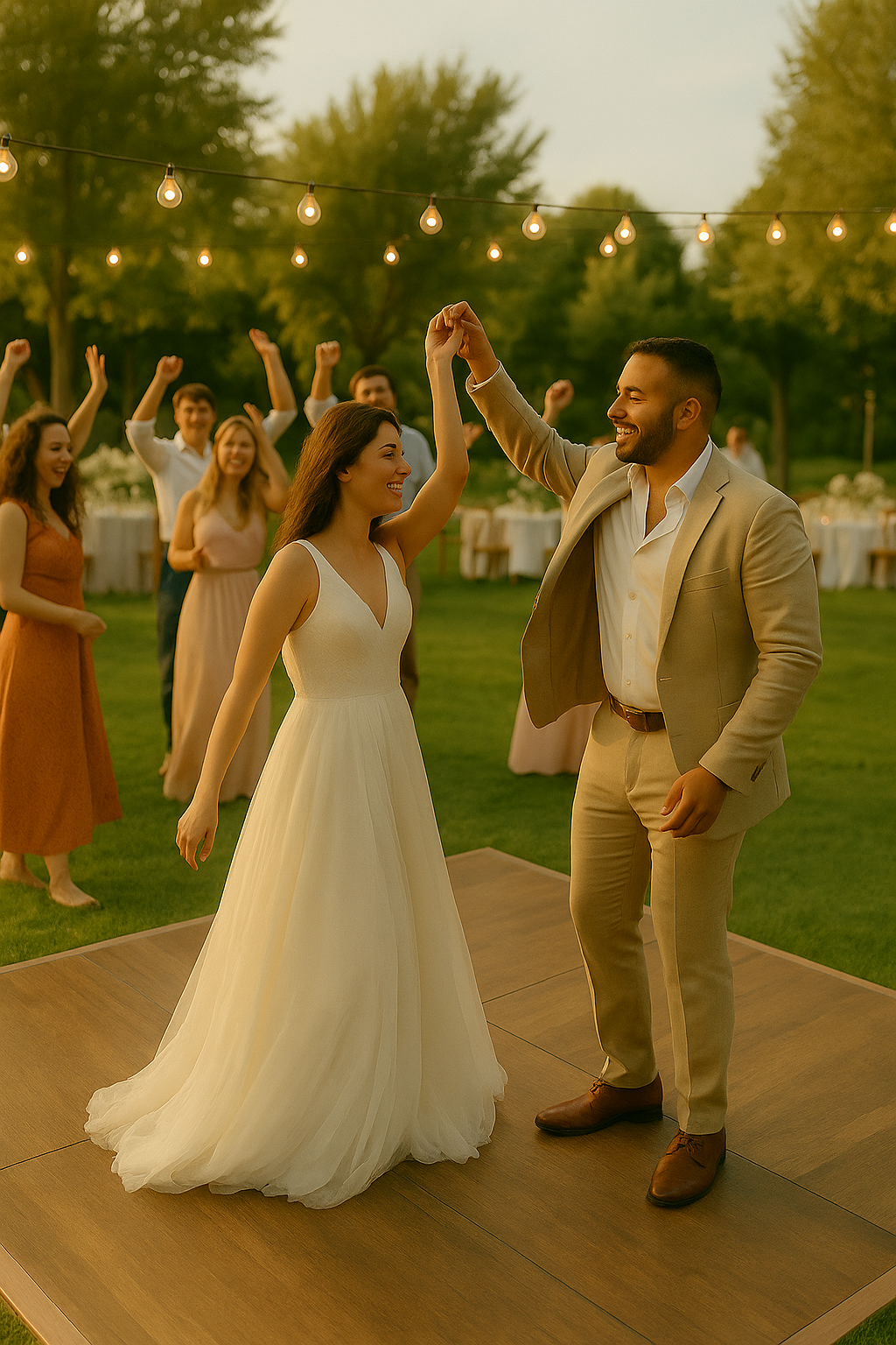 ouverture de bal de mariage en extérieur, le marié fait tourner la mariée sur la piste en bois sous les guirlandes