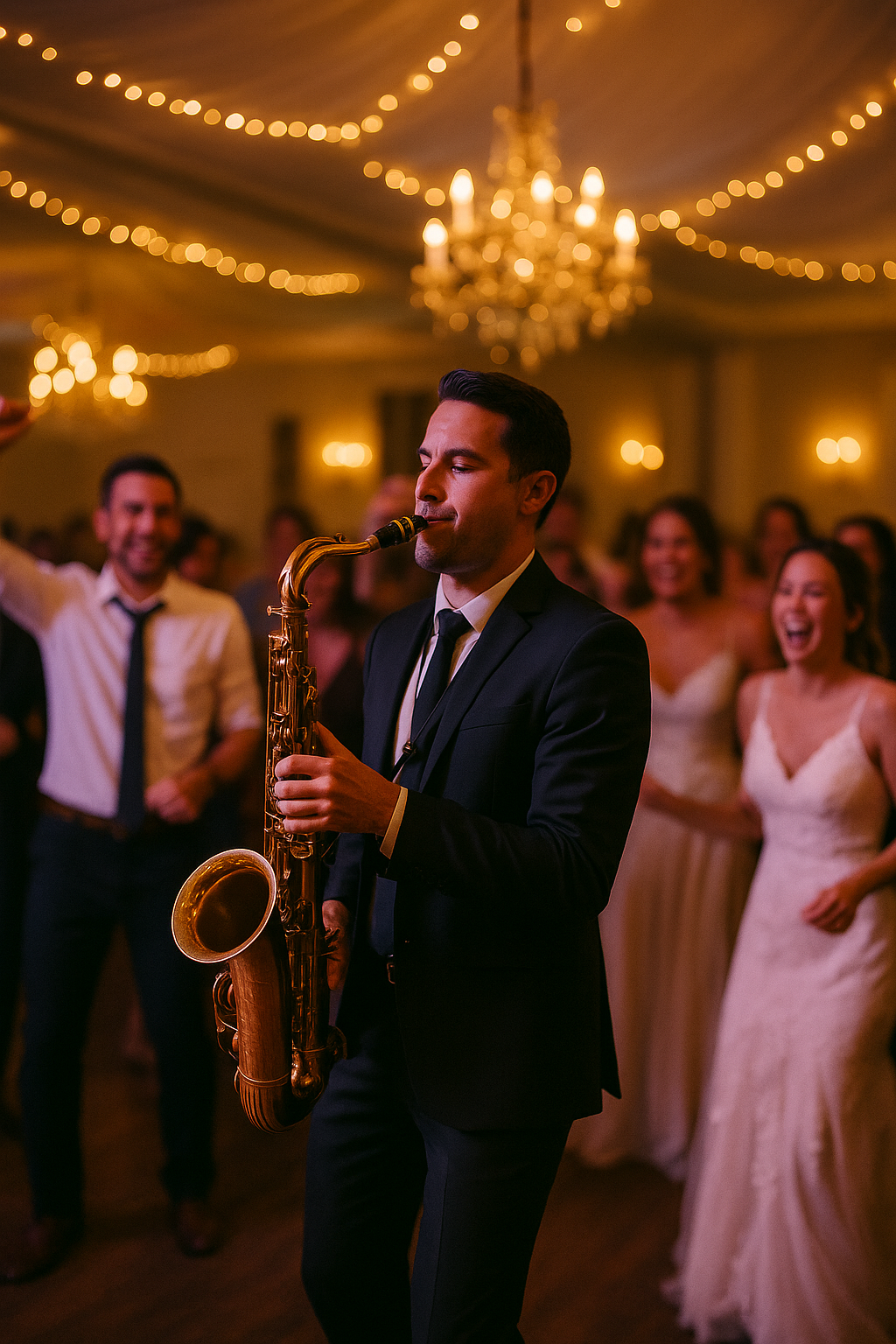 saxophoniste en costume jouant près des mariés sous un lustre et des guirlandes lumineuses