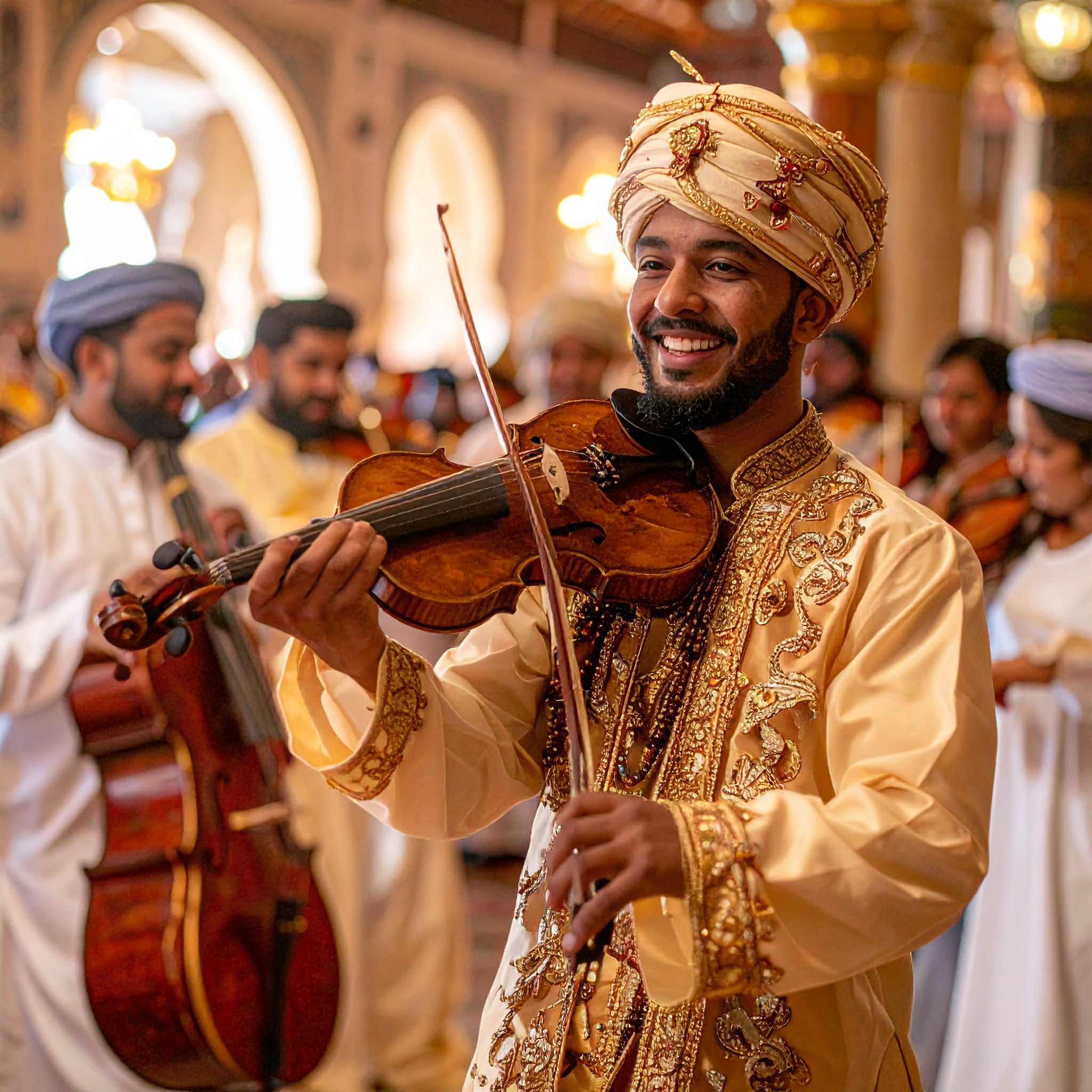 violoniste oriental en tenue brodée et turban qui sourit pendant une cérémonie de mariage