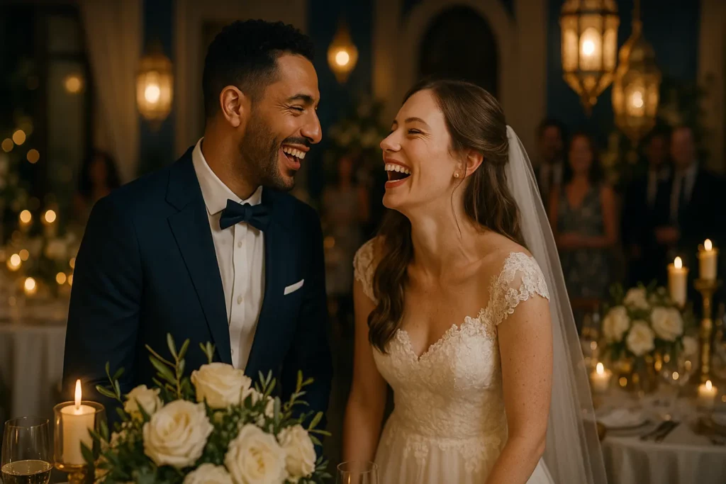Un couple mixte franco-maghrébin riant joyeusement lors de leur mariage, entouré de bougies et de fleurs. Ambiance chaleureuse et festive.