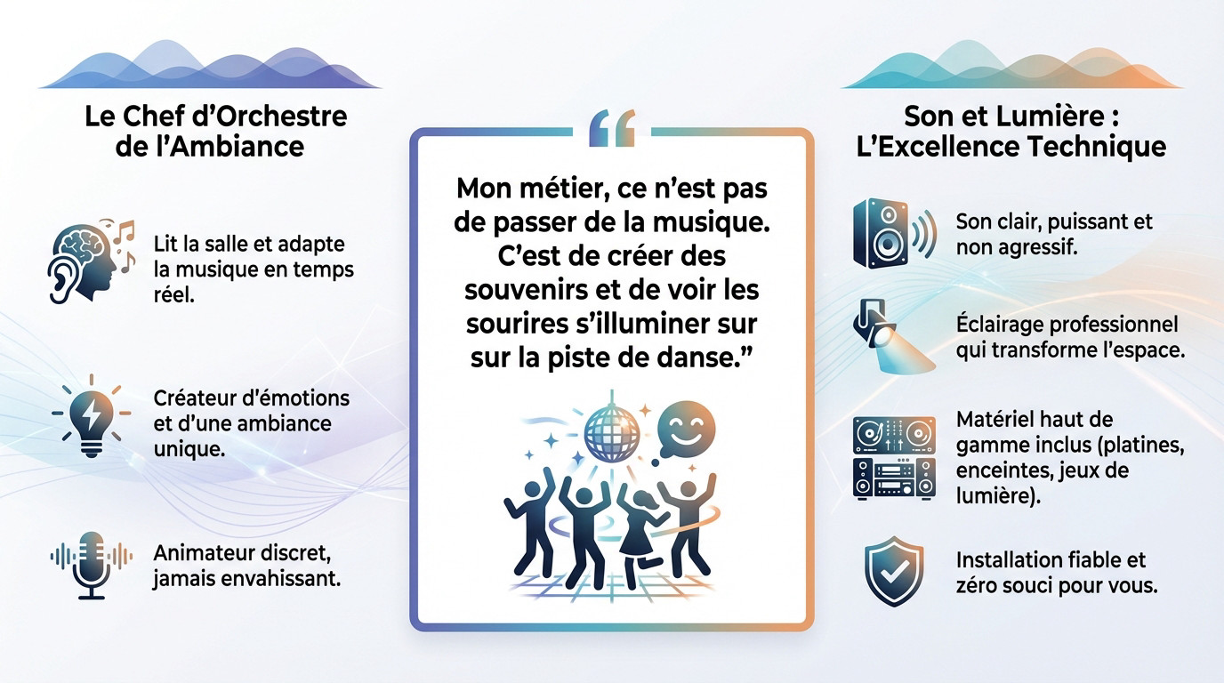 DJ professionnel aux platines assurant l'ambiance lumineuse et sonore d'une soirée d'anniversaire