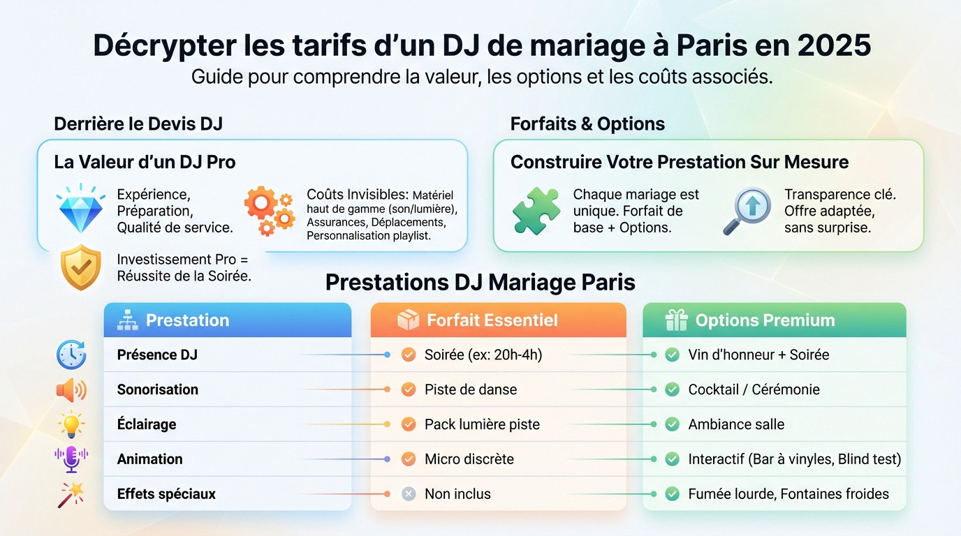 Ambiance festive mariage Paris avec DJ professionnel et jeux de lumière