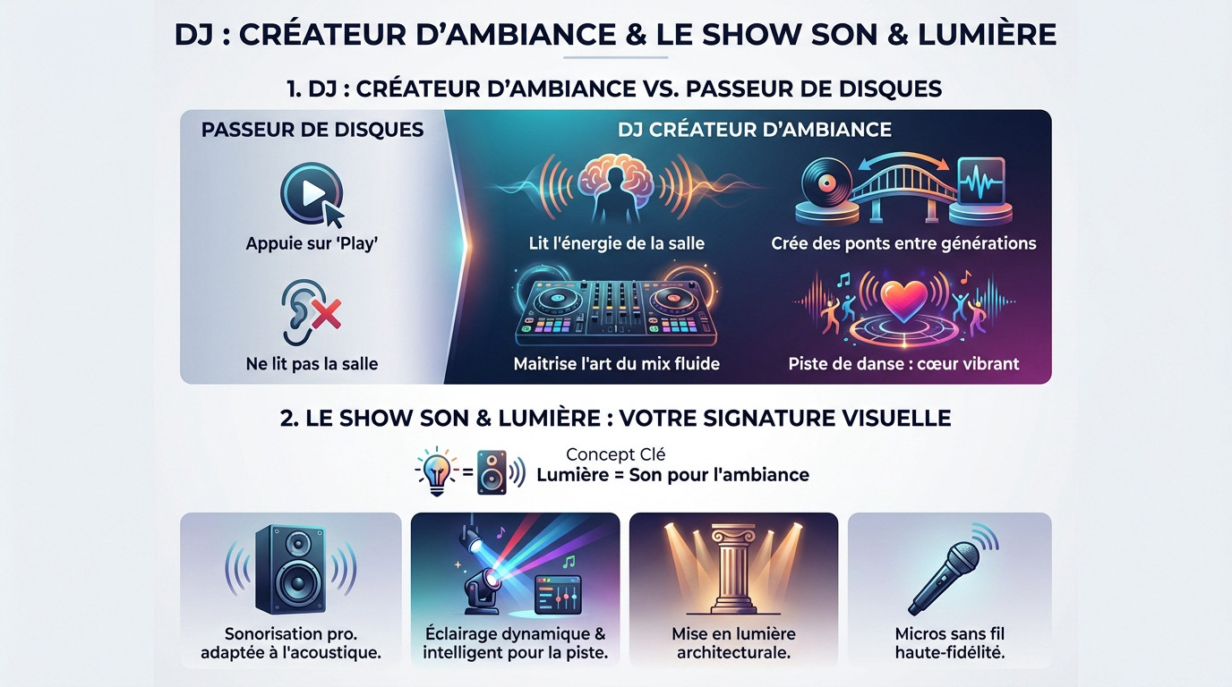 Amine DJ animant une soirée de mariage à Paris avec une ambiance lumineuse élégante