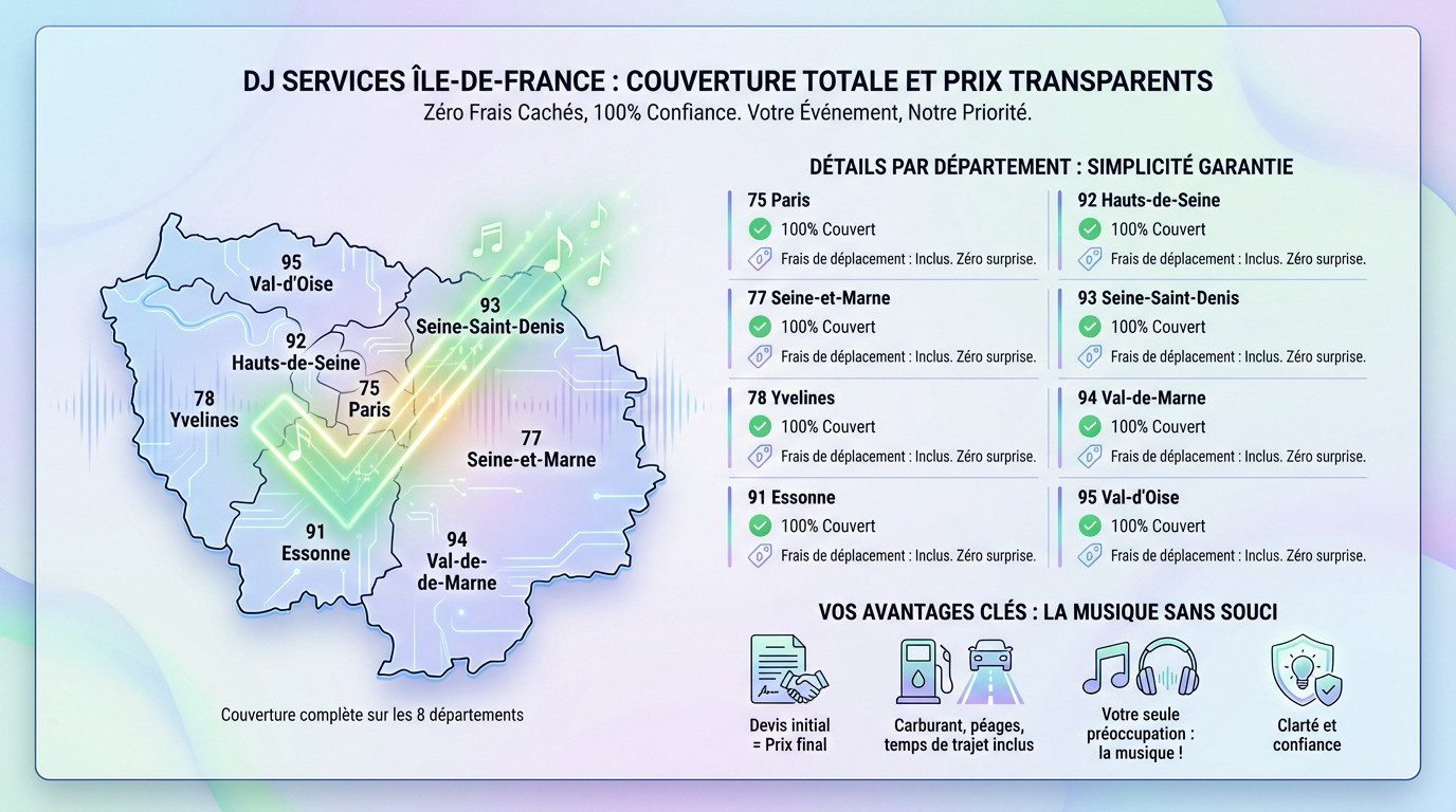 Carte Île-de-France illustrant la couverture totale du DJ mariage sans frais cachés