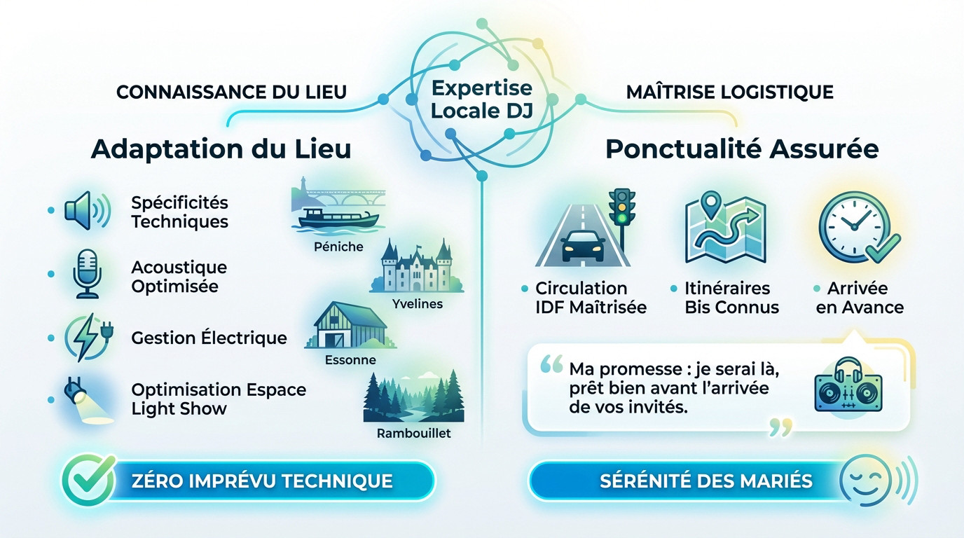 Amine DJ assurant une prestation technique impeccable pour un mariage en Île-de-France, installation son et lumière professionnelle