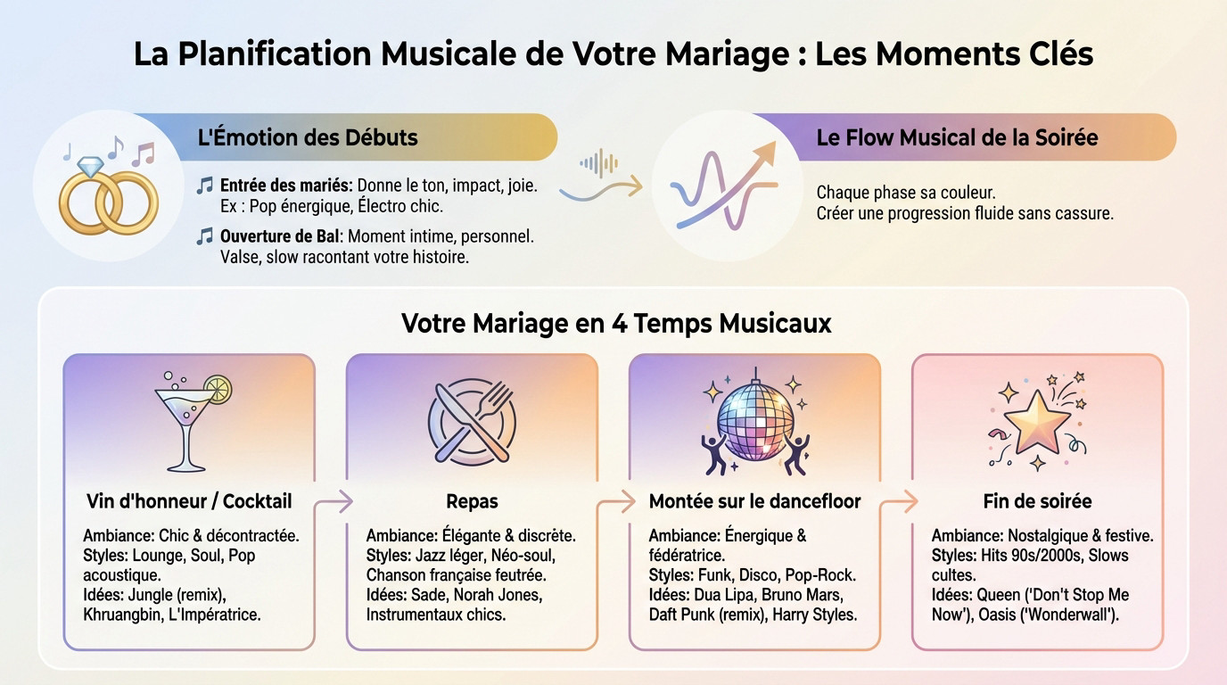 Schéma de la planification musicale d'un mariage montrant l'évolution de l'ambiance des moments clés