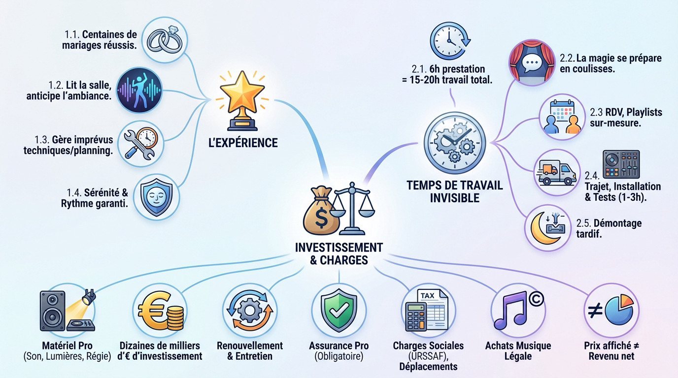 Infographie expliquant la valeur ajoutée et le coût réel d'un DJ professionnel de mariage