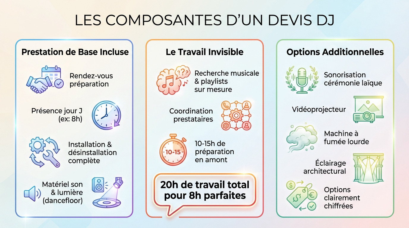 Schéma explicatif des éléments inclus dans un tarif dj mariage standard