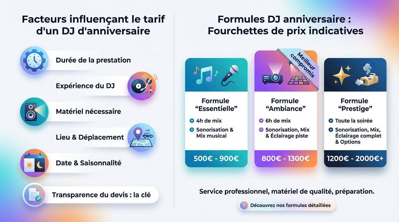 Tableau comparatif des tarifs et formules pour un DJ d'anniversaire