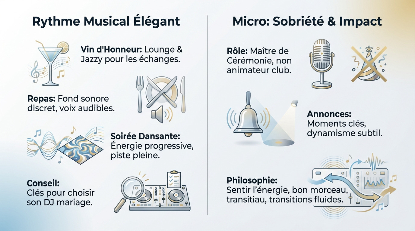 Animation DJ mariage élégante avec micro et platines pour une ambiance chic