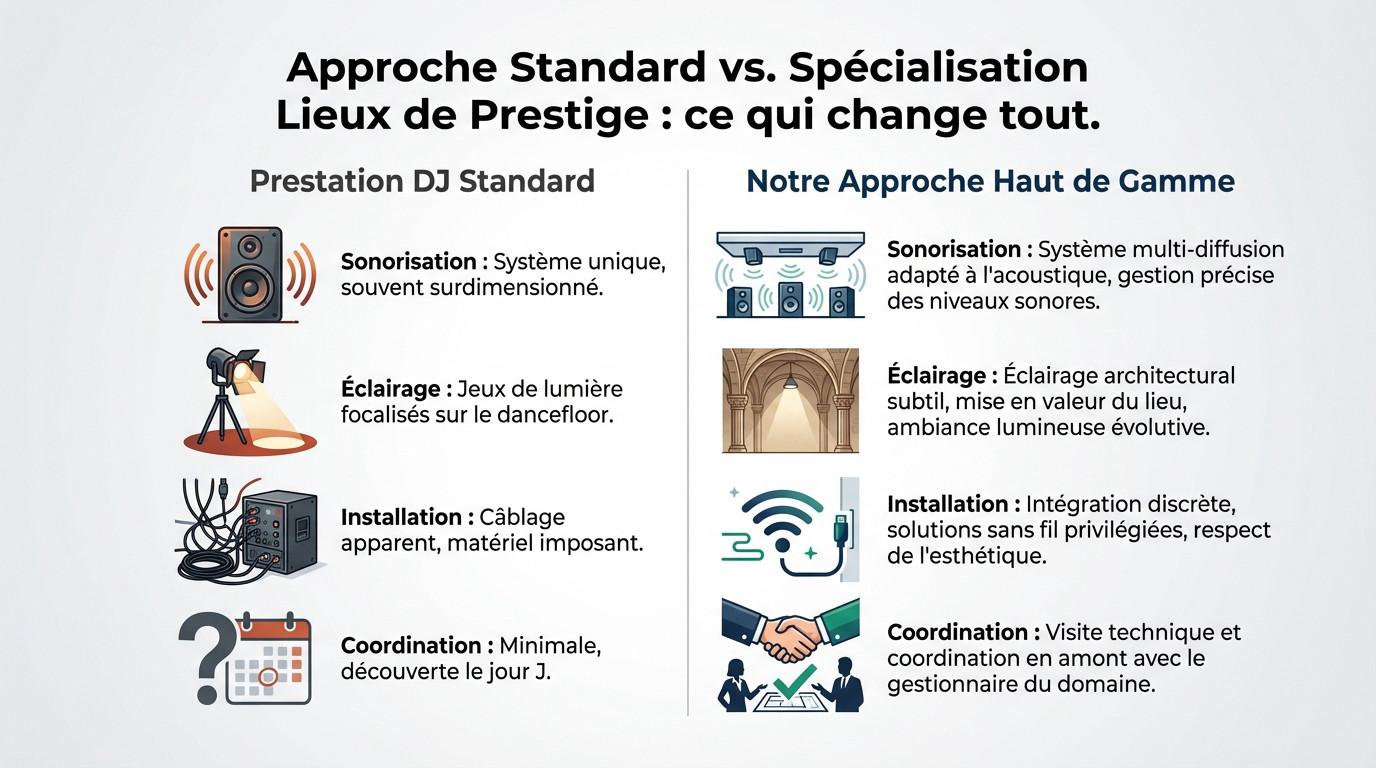 Tableau comparatif entre un DJ standard et une prestation haut de gamme pour mariage dans les Yvelines