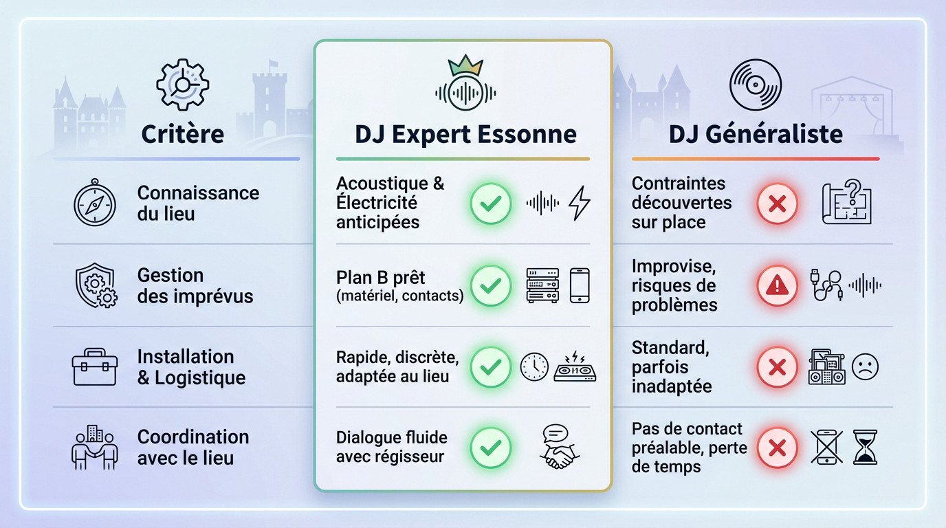 Tableau comparatif entre un DJ expert des lieux de mariage en Essonne et un DJ généraliste