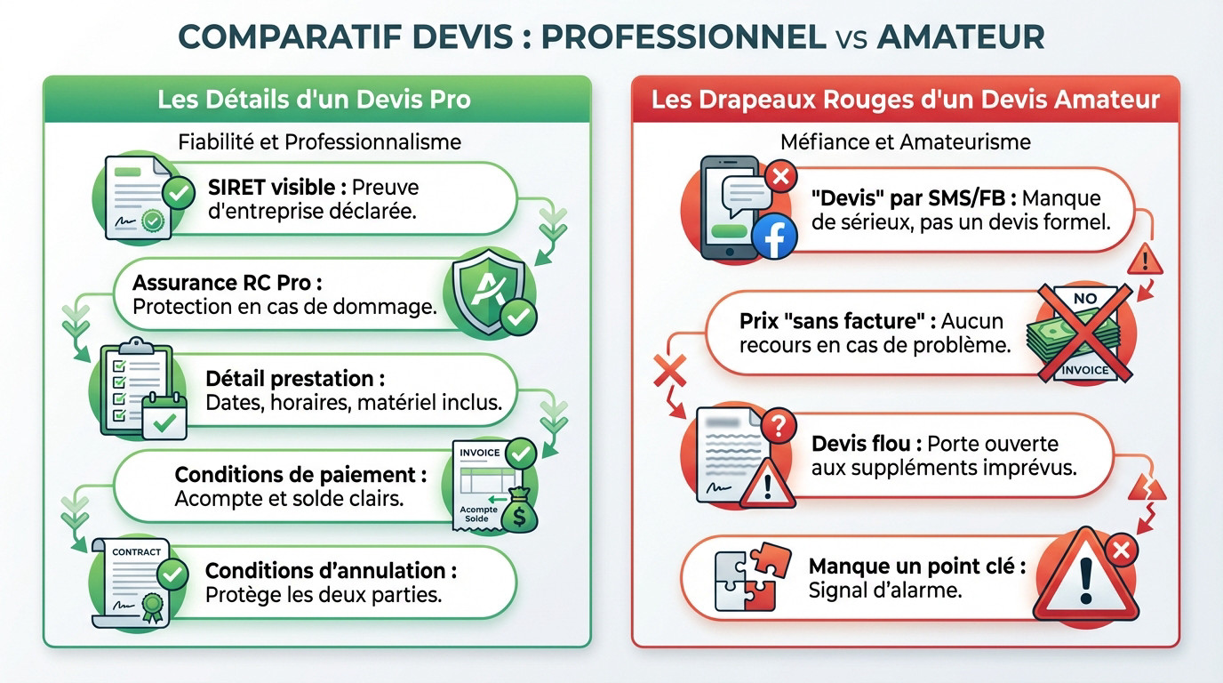 Comparatif visuel entre un devis de DJ professionnel détaillé et une proposition amateur risquée