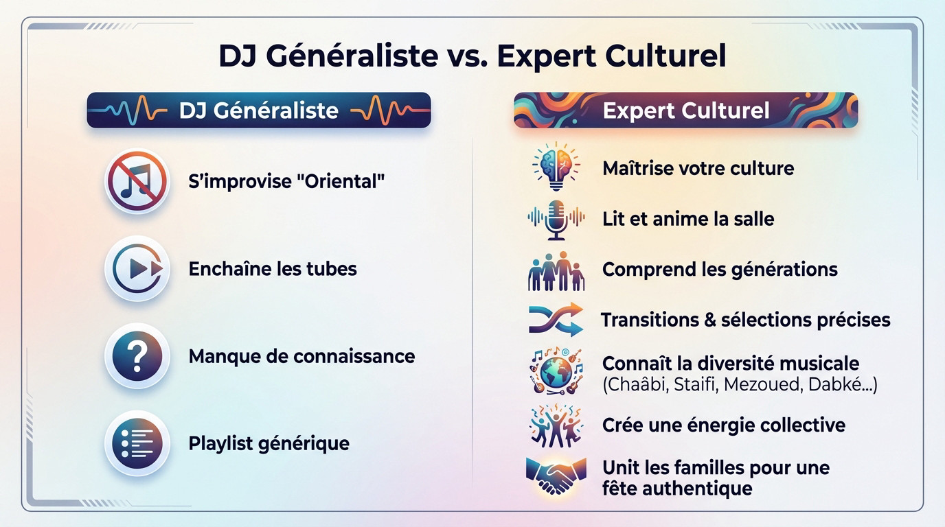 Comparaison entre un DJ généraliste et un expert culturel pour un mariage oriental réussi