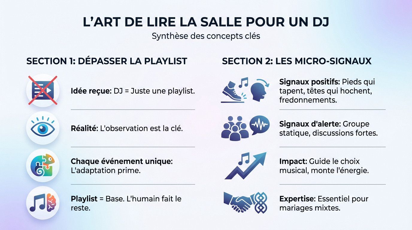 DJ professionnel analysant l'ambiance et la foule lors d'une soirée de mariage