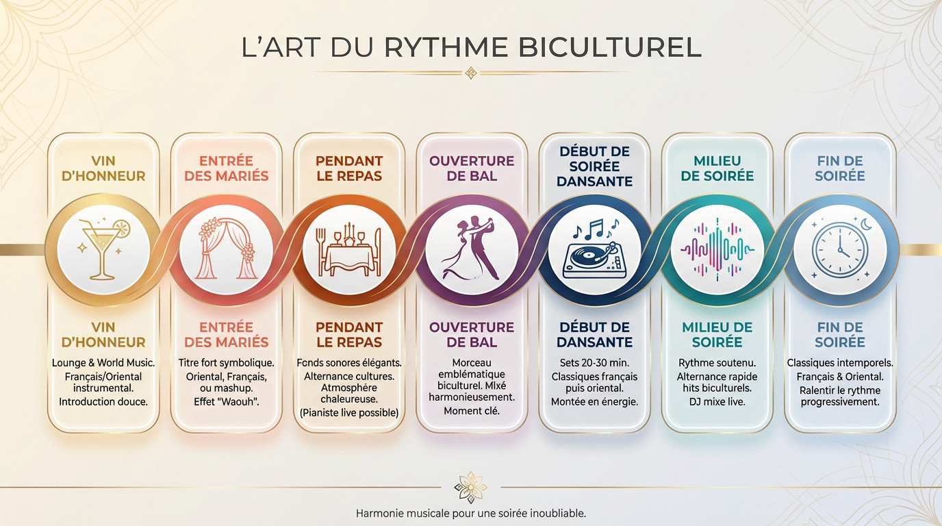 DJ Amine mixant lors d'un mariage mixte franco-oriental avec une ambiance lumineuse élégante