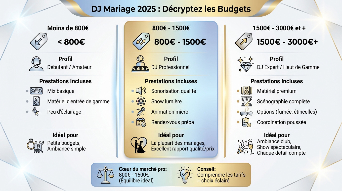 Graphique illustrant la répartition du budget DJ mariage en 2025 selon les gammes de prix