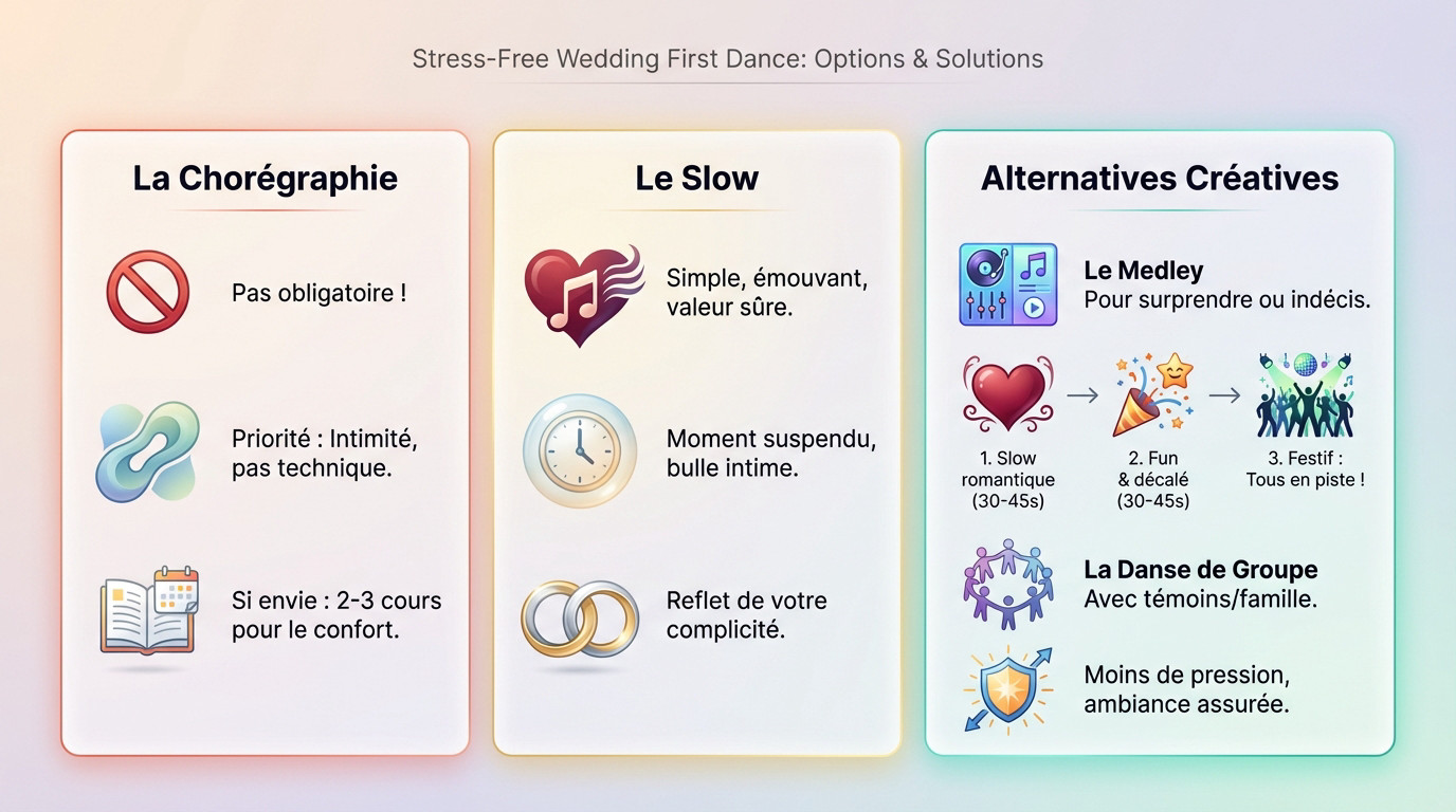 Couple de mariés heureux profitant de leur première danse sans stress