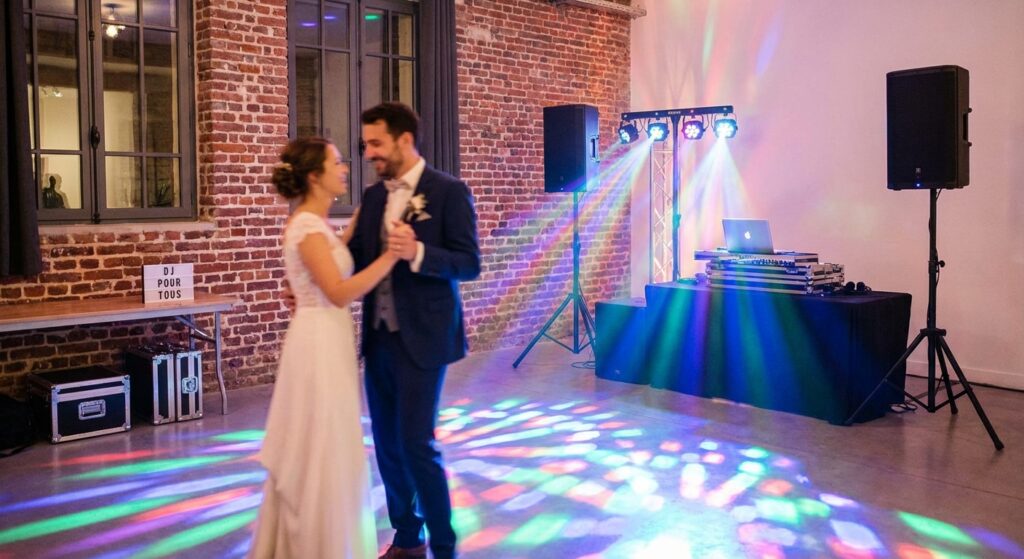 DJ mariage Paris installation sono et lumieres dans une salle de reception moderne