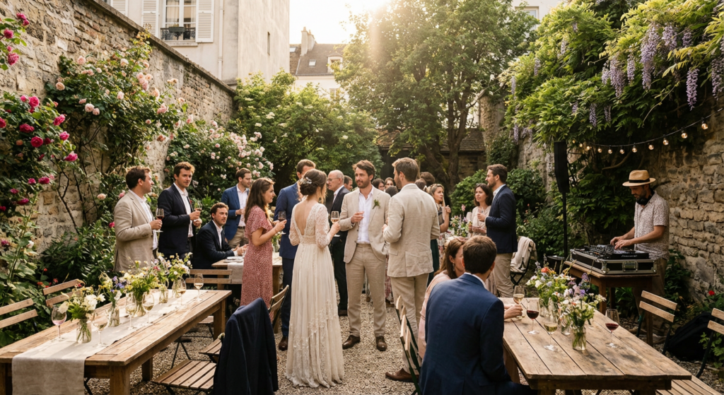 Mariage en semaine dans un jardin parisien avec DJ et invites en petit comite