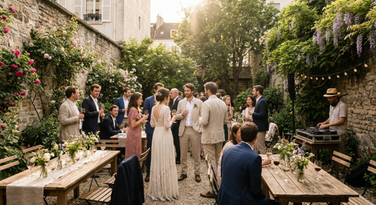 Mariage en semaine dans un jardin parisien avec DJ et invites en petit comite