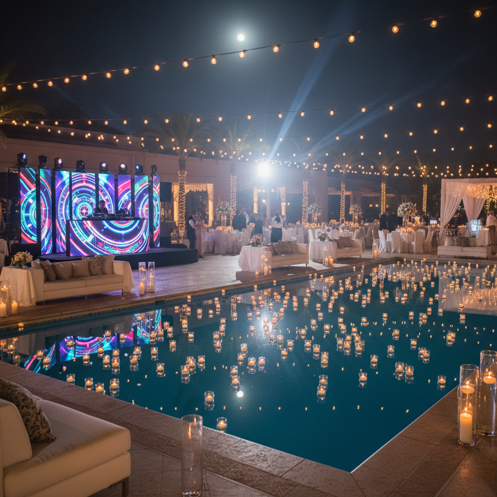 Piscine décorée pour un mariage de nuit avec éclairage LED
