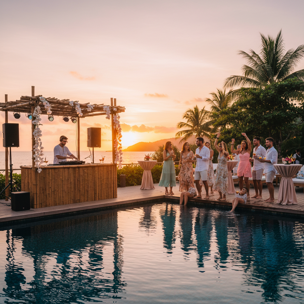 Pool party mariage avec DJ au bord de la piscine en été