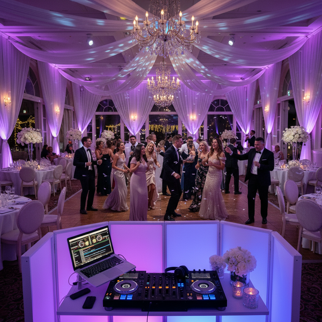 DJ booth avec éclairage LED lors d'un mariage