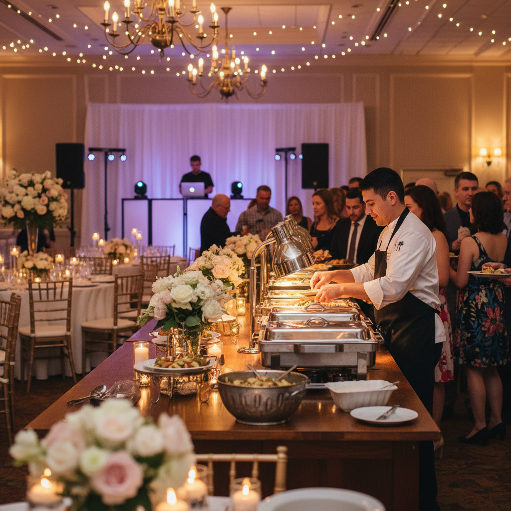 Buffet de mariage avec traiteur et DJ en arrière-plan