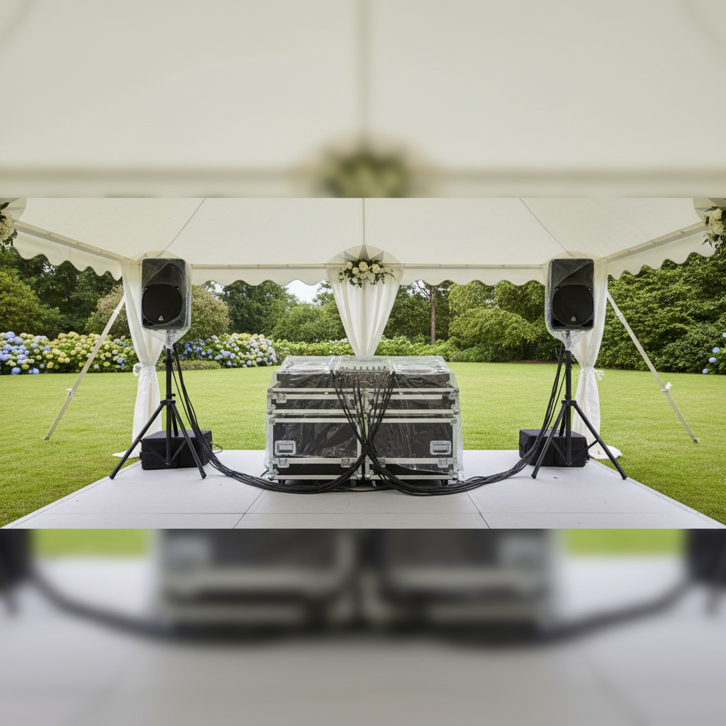 Installation matériel DJ et enceintes sous une tente blanche pour mariage extérieur