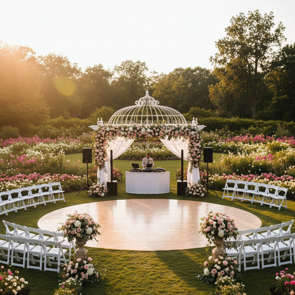 Piste de danse en plein air lors d un mariage d été dans un jardin