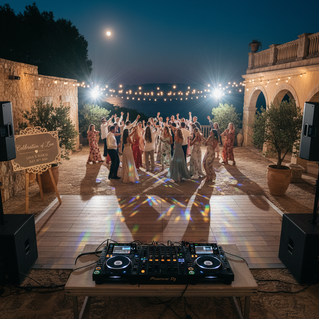 Piste de danse sur terrasse extérieure avec DJ et spots colorés