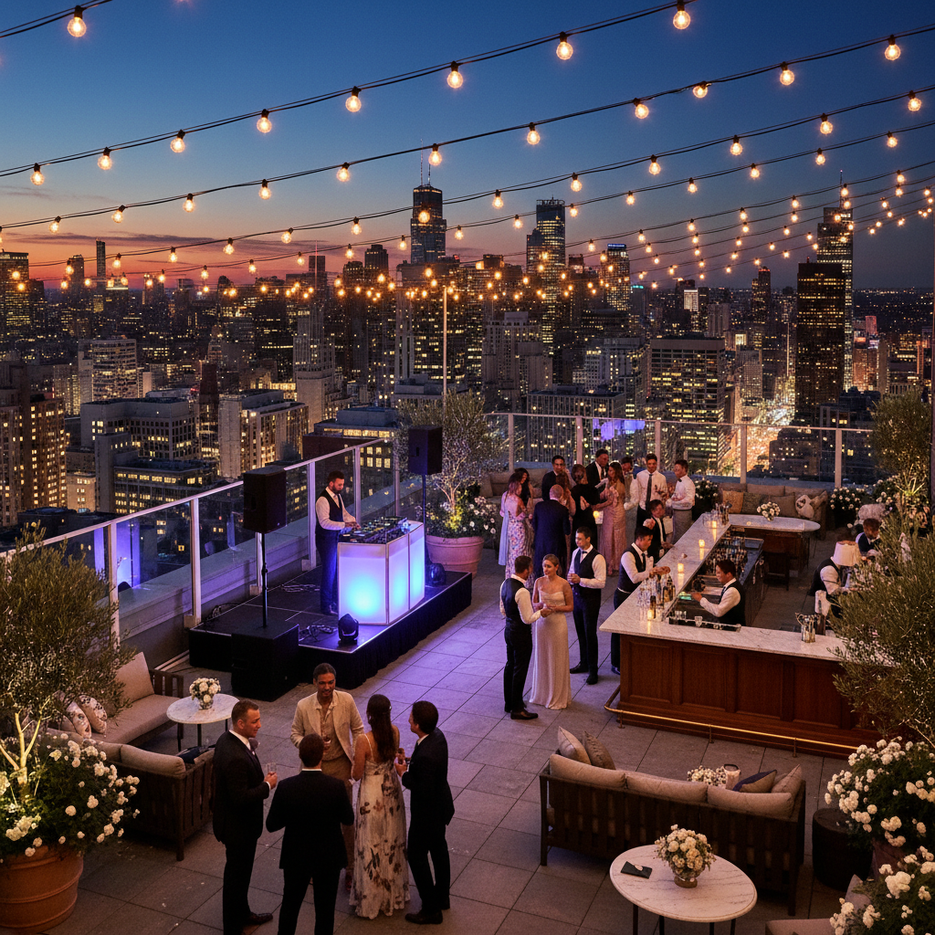 Rooftop terrasse aménagé pour un mariage avec DJ et guirlandes