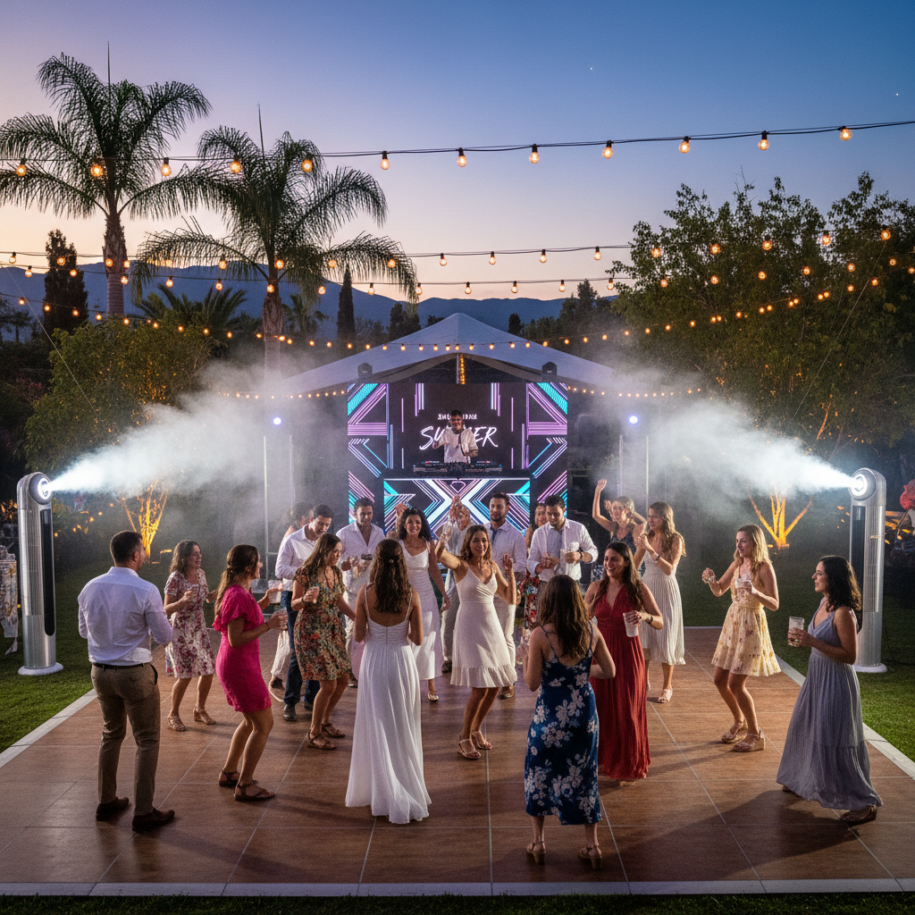 Soirée de mariage en été avec brumisation et piste de danse