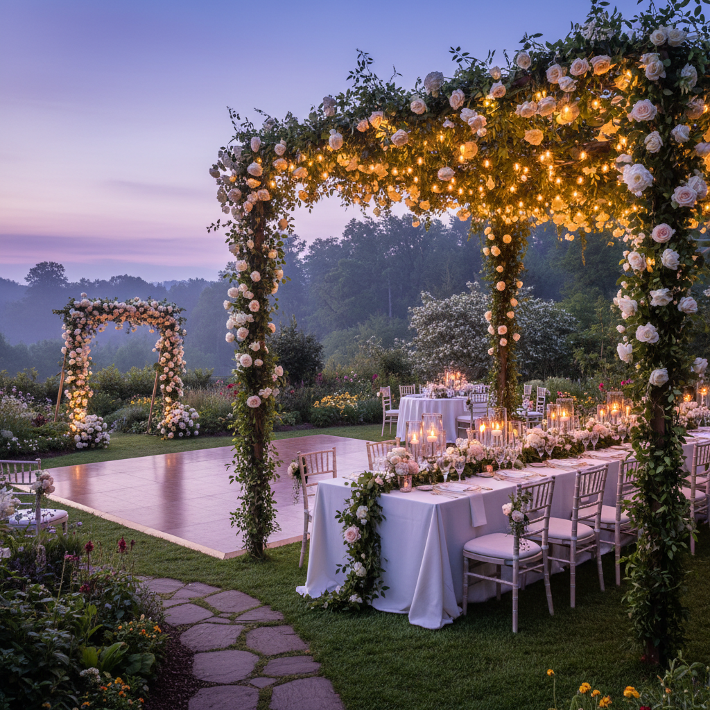 Jardin fleuri décoré pour une cérémonie de mariage en été
