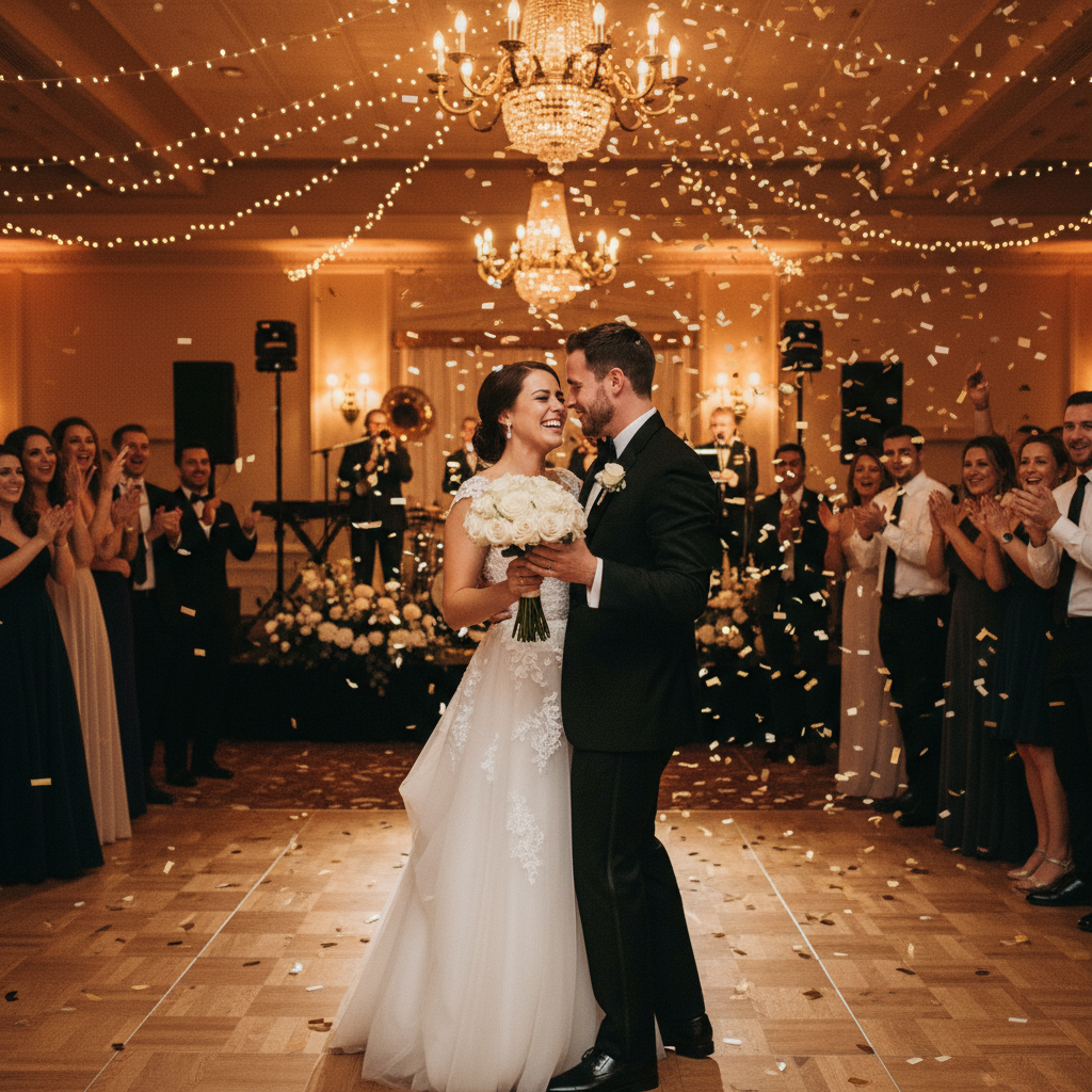 Mariés heureux sur la piste de danse de leur mariage