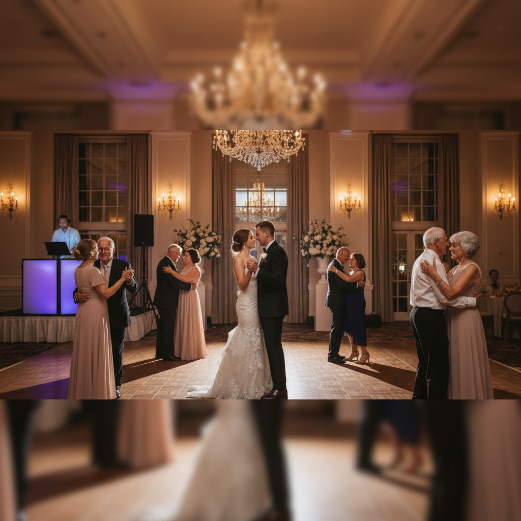 Couple et parents dansant ensemble lors du mariage