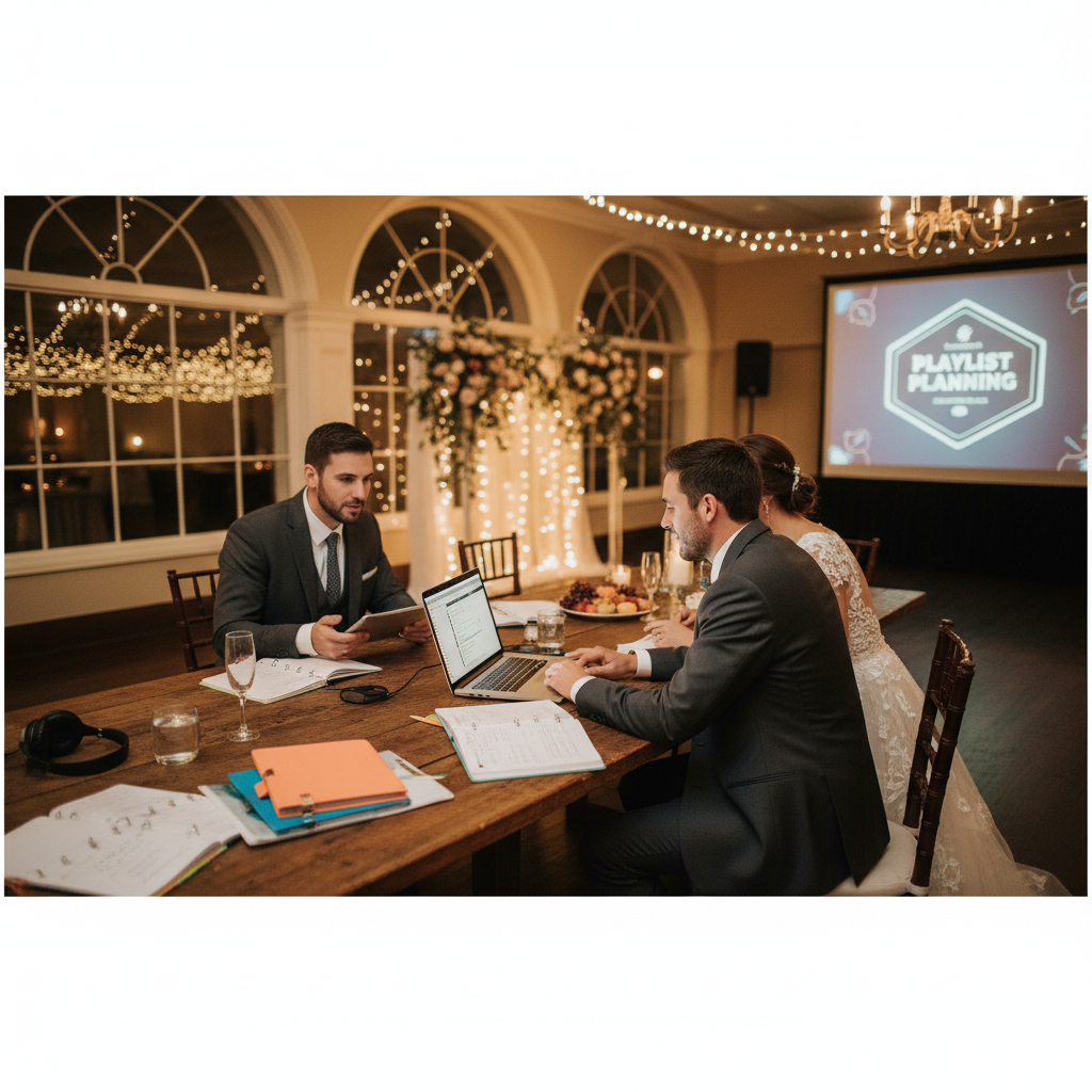 DJ en consultation avec les mariés pour préparer la soirée