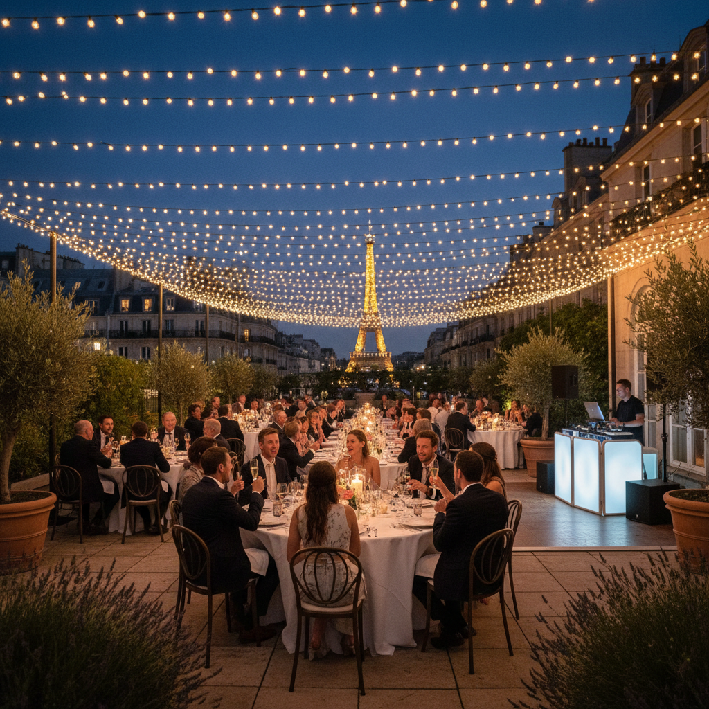 Réception mariage en terrasse la nuit