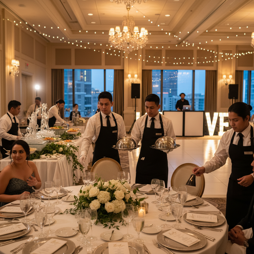 Dîner de réception de mariage avec service et DJ en arrière-plan