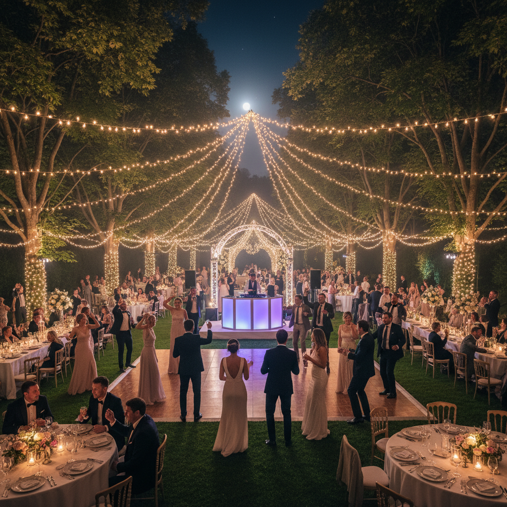 Réception de mariage en jardin la nuit avec DJ et guirlandes lumineuses